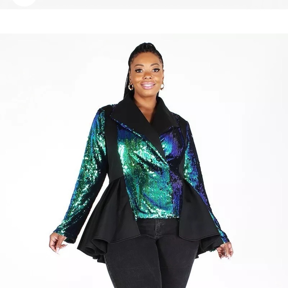 WIDE COLLARD LONG SLEEVE V NECK SEQUIN DETAIL PEPLUM JACKET Sizes M L 1X 2X 3X